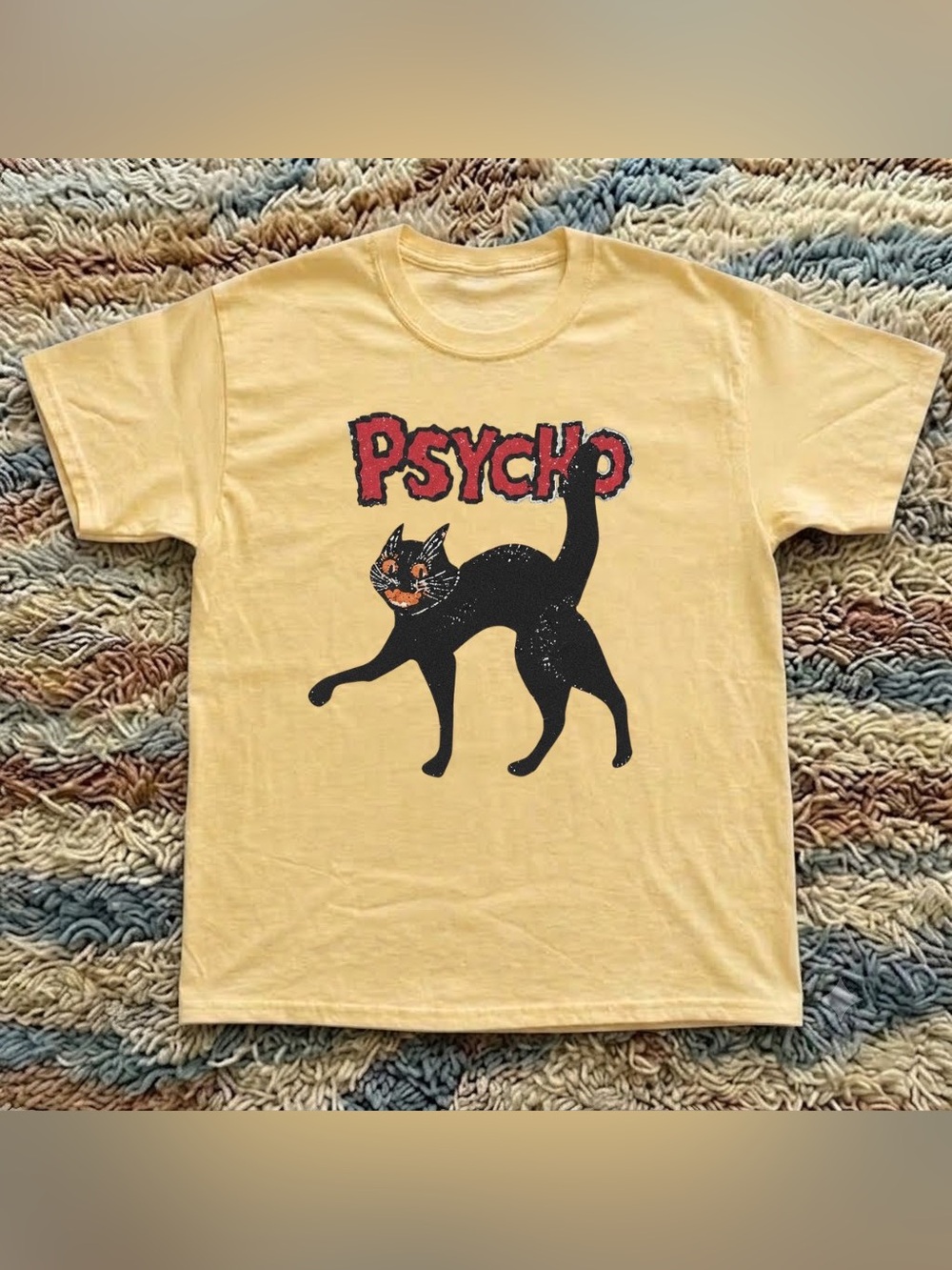 Vintage Yellow Tee with Black Cat 'PSYCHO' Graphic